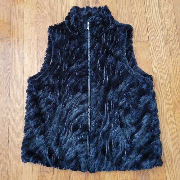 Betsey Johnson M Black Faux Fur Vest Sequins Pockets Leopard Print Zip Up‎ - Picture 2 of 6